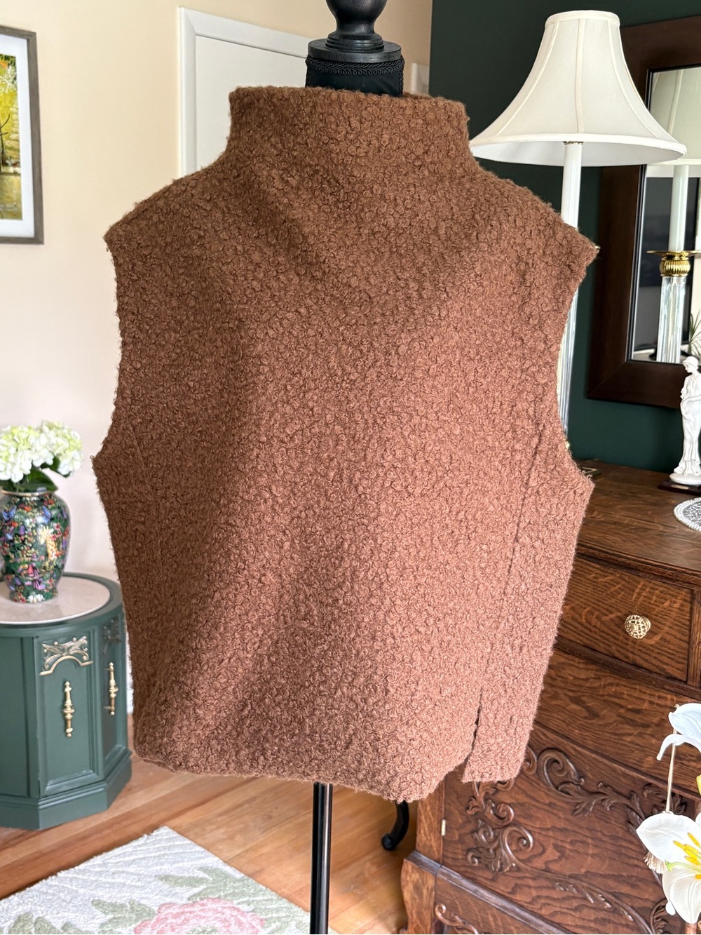 Zara Textured Rust Brown Bouclé Vest XL